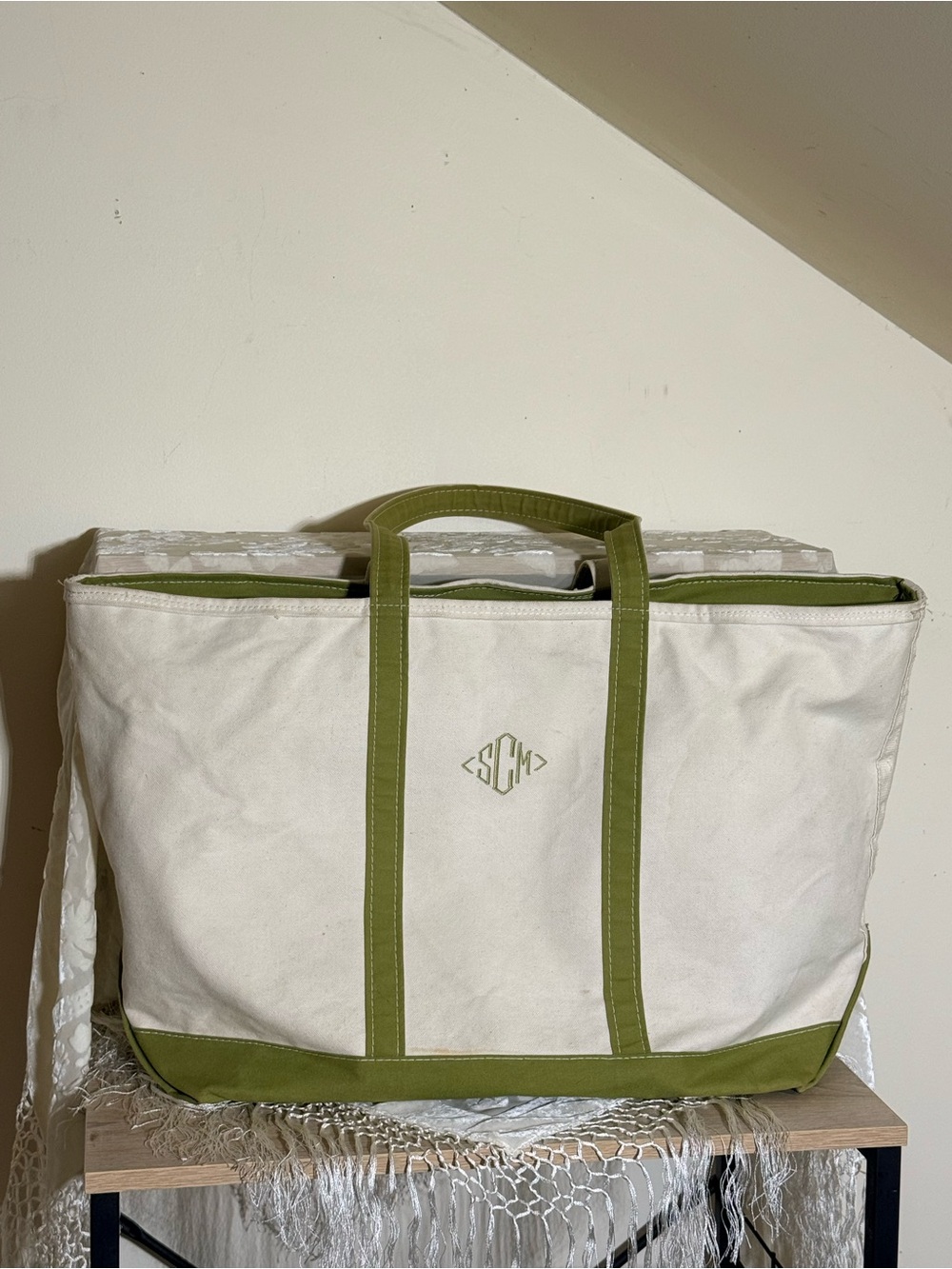 Vintage 90s XL LL Bean Boat And Tote Bag Zip Top Olive Green Canvas Made In USA